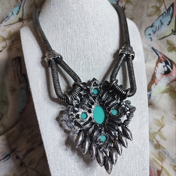 Turquoise Cabochon Statement Necklace Clear Baguette Smoke Navette Stones Pewter - Picture 9 of 15